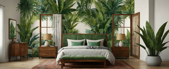Tropical Tranquility: Watercolor Hand Drawing of a Brazilian Inspired Living Room with Vibrant Tropical Plants, Hammock, and Laid-Back Vibe. Realistic Interior Design with Nature Photo Stock - Constru - obrazy, fototapety, plakaty