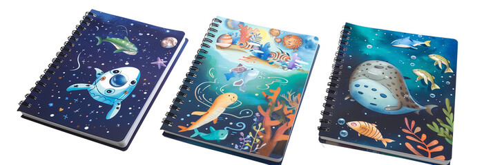 Set of school notebooks, space exploration themes, ocean life illustrations, and forest scenes, isolated on transparent background