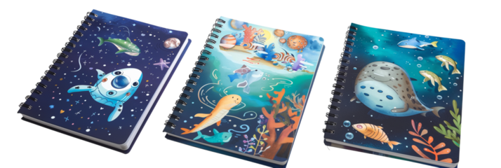 Set of school notebooks, space exploration themes, ocean life illustrations, and forest scenes, isolated on transparent background