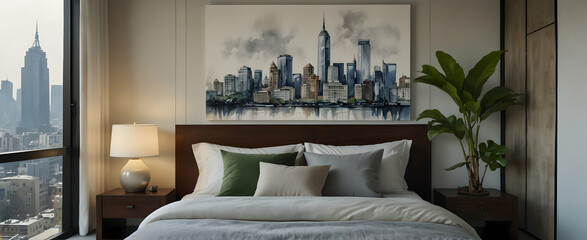 Urban Zen: Watercolor Bedroom with Cityscape Art and Orchid - Realistic Interior Design and Nature Concept