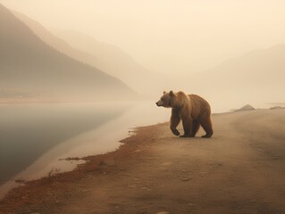 a bear standing on a gravel road beside a loch, in the style of 8k resolution, misty atmosphere, travel, high speed sync, dau al set, light beige and orange