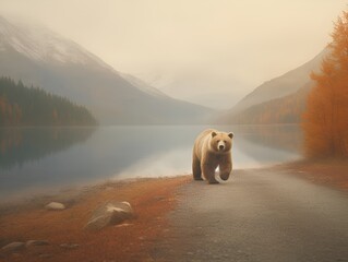 a bear standing on a gravel road beside a loch, in the style of 8k resolution, misty atmosphere, travel, high speed sync, dau al set, light beige and orange