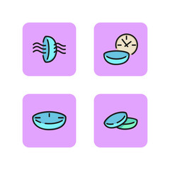 Contact lens line icon collection. Breathing of lens, wearing time, steam. Lens use and care concept. Vector illustration for web design and apps