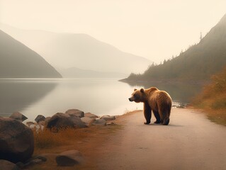 a bear standing on a gravel road beside a loch, in the style of 8k resolution, misty atmosphere, travel, high speed sync, dau al set, light beige and orange