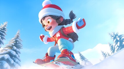A super happy cute girl skiing with a tall snowy mountain and snowy trees behind her, snowboarding, ski clothes, ski goggles, splashing snowflakes, blue sky, medium shot