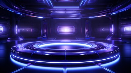 Abstract technology concept. Futuristic 3D background with sci-fi patterns and neon lights in a circular room.