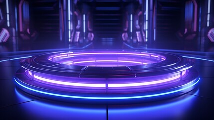 Abstract technology concept. Futuristic 3D background with sci-fi patterns and neon lights in a circular room.