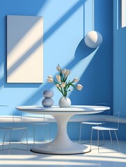 Interior scene design, circular flat table top, blue and white background interior architecture,mapped sunlight, accurate and realistic 