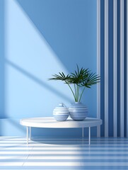 Interior scene design, circular flat table top, blue and white background interior architecture,mapped sunlight, accurate and realistic 