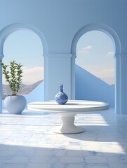 Interior scene design, circular flat table top, blue and white background interior architecture,mapped sunlight, accurate and realistic 