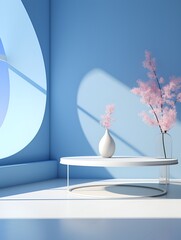 Interior scene design, circular flat table top, blue and white background interior architecture,mapped sunlight, accurate and realistic 