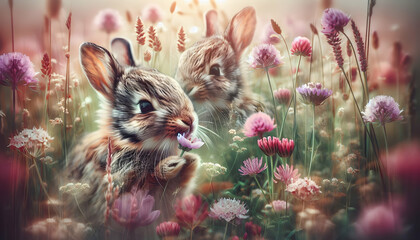 Mammal Meadow: A Rabbit Nibbles on Wildflowers - A Scene of Harmony in the Meadow Embrace - Close-Up Double Exposure Photo of Small Animal - obrazy, fototapety, plakaty