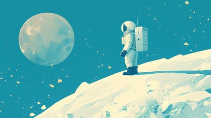A whimsical cartoon astronaut stands confidently on the moon gazing out into the vast expanse of infinity in a playful and childlike 2d illustration