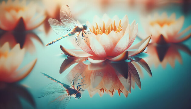 Insect Whispers: A dragonfly rests on a water lily, its wings echoing the delicate petals in a close-up small animal double exposure photograph