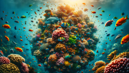 Naklejka na ściany i meble Vibrant Coral Community: Tropical Fish Double Exposure in Close-Up Underwater Photo Stock Concept