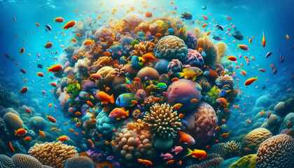 Vibrant Coral Reef: A Colorful Underwater Community of Tropical Fish in Double Exposure Close-Up Shot