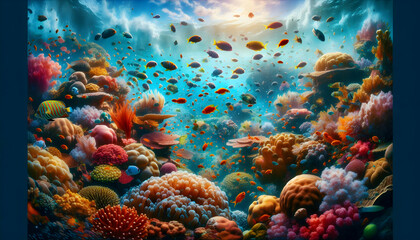 Fototapeta na wymiar Underwater World: Vibrant Coral and Tropical Fish in Close-Up Double Exposure Photo - Concept of a Colorful Community of Reef Residents