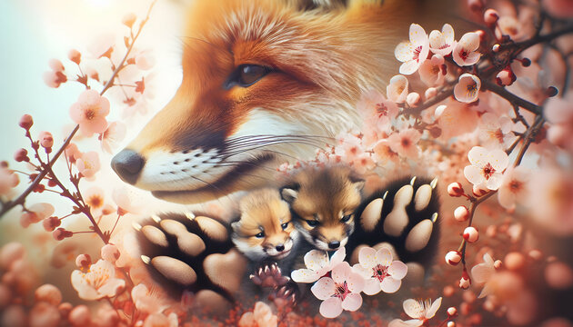 Paws and Blossoms: A Family of Foxes Among Spring Blossoms Reflecting Life Renewal - Close-Up Small Animal Double Exposure Concept