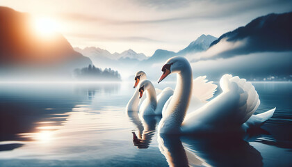 Serenity of Swans: A Swan Family Glides Over a Tranquil Lake, Embodying Elegance and Unity in Close-Up Small Animal Double Exposure - obrazy, fototapety, plakaty