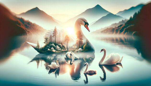 Serenity of Swans: A Swan Family Gliding Over a Tranquil Lake, Embodying Elegance and Unity - Close Up Small Animal Double Exposure Photo Stock Concept