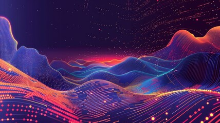 A digital landscape with rolling hills made of tiny particles that glow with vibrant colors.