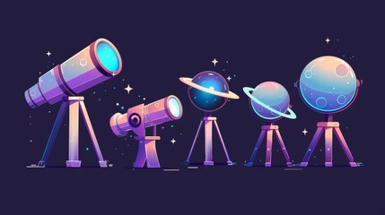 Different sizes of telescopes with animation. Astronomy science, learning, discovery cartoon illustration of spyglass to explore stars and planets on night sky. - obrazy, fototapety, plakaty