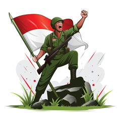 Indonesian independence hero standing on a rock holding a red and white flag vector illustration