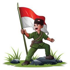 Indonesian hero wearing green army uniforms passionately calling for independence vector illustration