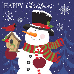 Christmas card design with cute snowman and bird