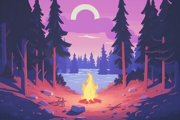 Depict a solitary campfire glowing warmly at dusk, surrounded by towering trees and echoing the psychological concepts of solitude, introspection, and self-discovery, at eye-level, using traditional m - obrazy, fototapety, plakaty