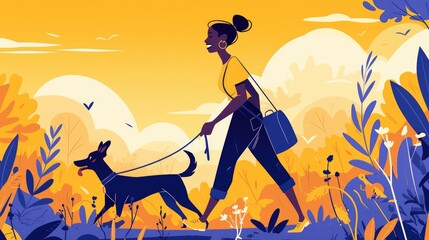 Celebrate Walk Your Dog Month with this trendy 2d illustration in a flat style featuring a happy African American woman taking a leisurely stroll with her furry companion in the park - obrazy, fototapety, plakaty