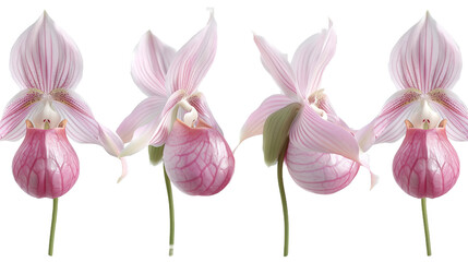 Pink lady slipper orchid digital art 3D illustration, isolated on transparent background. Top view flat lay of vibrant, exotic tropical flower. Perfect for botanical designs, graphics, and elegant flo