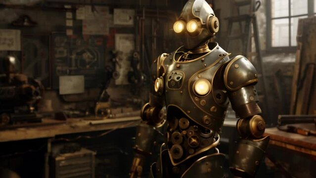 A metallic humanoid robot sits atop a vintage wooden workbench. Round lamp eyes and a sharp jaw characterize its features. 