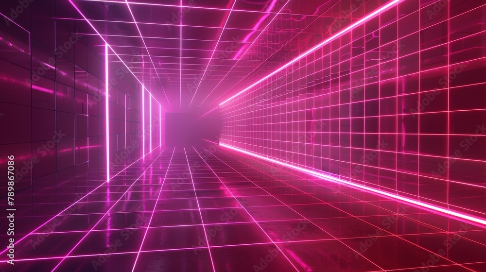 Aufkleber neon digital room with vaporwave and square cell wireframe. retro futuristic mesh pattern with floor