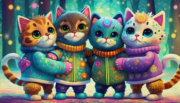oil painting style cartoon character Multicolored hockey team baby cat holding hands in a huddle,
