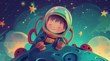 An astronaut kid lying on an alien planet. Modern illustration showing a boy in a spacesuit and helmet exploring craters on the moon, many stars in the sky at night, and spending time in space. - obrazy, fototapety, plakaty