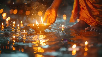 banner background Theravada New Year Day theme, and wide copy space, A close-up of a monk lighting candles as part of a ceremonial practice for the New Year celebrations, 