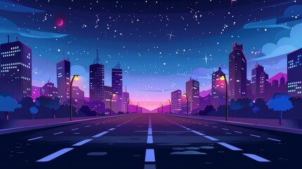 Modern cartoon illustration of urban landscape with many stars under a dark sky, modern city apartment houses, and urban administrative buildings at night. - obrazy, fototapety, plakaty