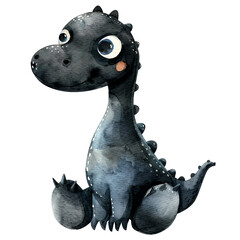 Cute baby black dinosaur watercolor clipart illustration isolated on transparent background