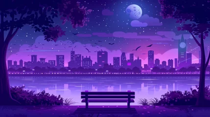 Fotobehang The esplanade of a night city park with a bench on the street in the middle of the night, surrounded by purple midnight cityscape and garden landscape view. Garden and seaside in summer. © Mark