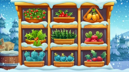 An illustration of a game user interface menu, buttons and shop design. Cartoon modern illustration of a winter GUI window of a wooden snow covered store rack with a holy plant and items for sale.