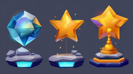 An award set made of 3D glass isolated on a transparent background. It consists of a rhombus shape trophy, a star shape trophy, and a stone platform to represent the honor prize for the best result