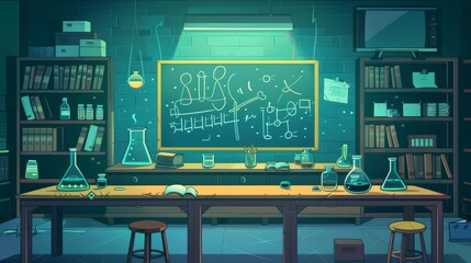 Dark school science classroom with glass flasks on student desks, test tubes and books on shelves on the shelves, blackboard on wall, college education cartoon illustration.