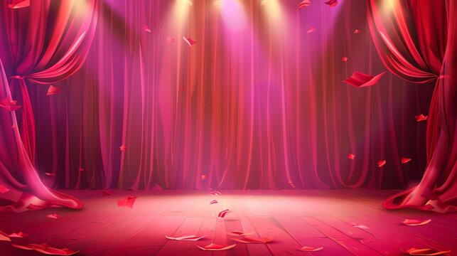 A stage with a closed red curtain, soffit, and spotlight. A fabric waved drapery on the scene with light. A cloth background. Realistic modern illustration.