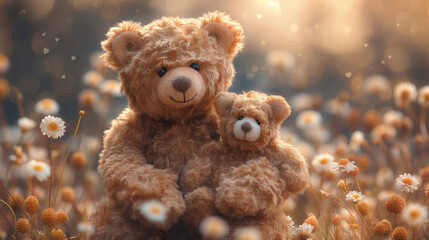 A mother teddy bear holding and sitting with his small baby in the field of daisies flowers with beautiful sunlight shining on them. Dreamy, pastel colors. Concept of mothers day, mothers love. - obrazy, fototapety, plakaty
