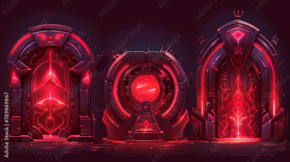 Poster This realistic modern illustration set depicts a red neon game portal with lightning and glow effect. It includes a magic teleport podium and beams for the gui concept as well as an ultra futuristic