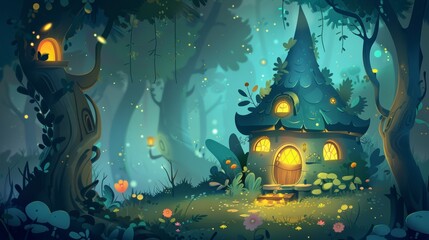 An adorable tiny gnome or elf house in a forest with green trees and neon-glow flowers and plants. A cartoon fairytale summer woods landscape with doors, windows, and lanterns. - obrazy, fototapety, plakaty