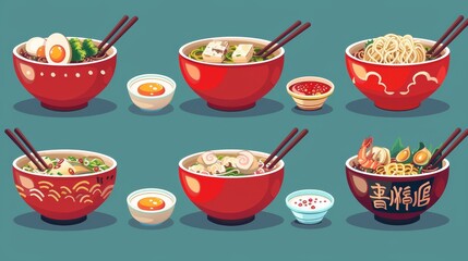 There is a red bowl, paper box and plastic cup showing hot ready to eat noodle that has additions, chopsticks, and steam. There are spices, shrimp, fried egg, and sausage too in this food modern set