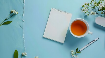 A white notebook sits on a blue table with a pen and a cup of tea. The scene is peaceful and calming, with the tea and notebook inviting the viewer to sit down and relax