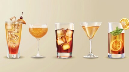 An object mockup of a transparent cocktail glass. A realistic modern illustration of bar and restaurant shiny glassware for drinks. An empty kitchen crockery and cafe tableware set that has been